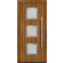 Haustür mit drei quadratischen Glaseinsätzen und Stangengriff