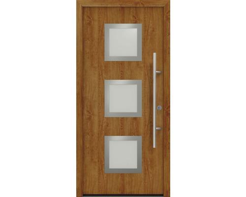 Porte d'entrée EcoStar ISOPRO Secur IPS 810S 1100 x 2100 mm droite golden oak avec ensemble de ferrures, poignée barre en acier inoxydable, cylindre profilé de sécurité avec 5 clés Porte d''entrée avec trois vitrages carrés et poignée barre