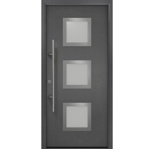 Porte d''entrée avec trois panneaux de verre carrés et poignée en acier inoxydable