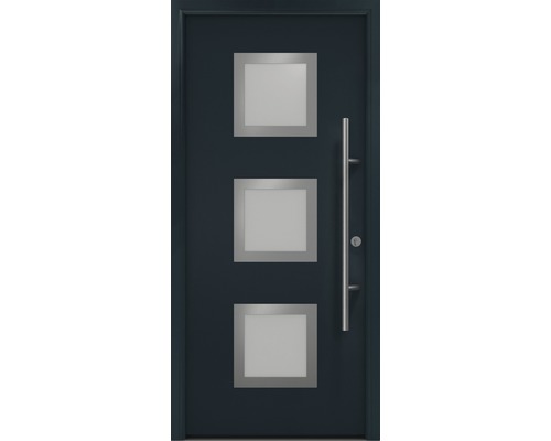 Haustür EcoStar ISOPRO Secur IPS 810S 1100 x 2100 mm Rechts RAL 7016 anthrazitgrau inkl. Beschlag-Set,Edelstahl Stangengriff,Sicherheitsprofilzylinder mit 5 Schlüsseln Haustür mit drei quadratischen Glaseinsätzen und Griffstange
