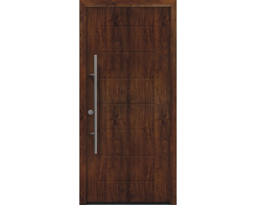 Porte d'entrée EcoStar ISOPRO Secur IPS 015 1100 x 2100 mm gauche dark oak avec ensemble de ferrures, poignée barre en acier inoxydable, cylindre profilé de sécurité avec 5 clés