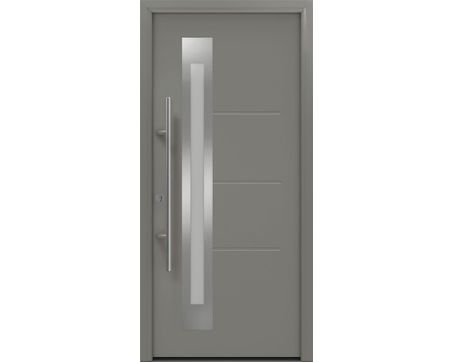 Porte d'entrée EcoStar ISOPRO Secur IPS 780S 1100 x 2100 mm gauche RAL 9007 aluminium gris mat avec ensemble de ferrures, poignée barre en acier inoxydable, cylindre profilé de sécurité avec 5 clés