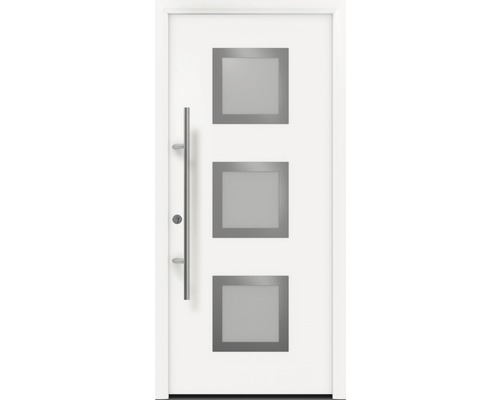 Porte d'entrée EcoStar ISOPRO Secur IPS 810S 1100 x 2100 mm gauche RAL 9016 blanc signalisation avec ensemble de ferrures, poignée barre en acier inoxydable, cylindre profilé de sécurité avec 5 clés