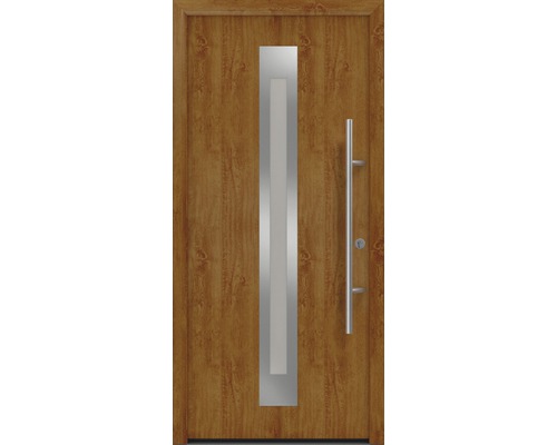 Porte d'entrée EcoStar ISOPRO Secur IPS 770S 1100 x 2100 mm droite golden oak avec ensemble de ferrures, poignée barre en acier inoxydable, cylindre profilé de sécurité avec 5 clés Porte d''entrée avec partie vitrée et poignée barre