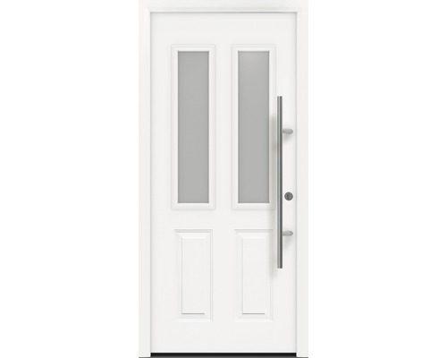 Haustür EcoStar ISOPRO Secur IPS 410S 1100 x 2100 mm Rechts RAL 9016 verkehrsweiß inkl. Beschlag-Set,Edelstahl Stangengriff,Sicherheitsprofilzylinder mit 5 Schlüsseln Weiße Haustür mit Glaseinsätzen und Edelstahlgriff