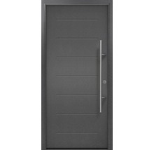 Graue Haustür mit horizontalen Zierlinien und Stangengriff