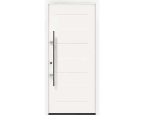 Porte d'entrée EcoStar ISOPRO Secur IPS 015 1100 x 2100 mm gauche RAL 9016 blanc signalisation avec ensemble de ferrures, poignée barre en acier inoxydable, cylindre profilé de sécurité avec 5 clés