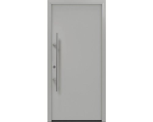 Porte d'entrée EcoStar ISOPRO Secur IPS 010 1100 x 2100 mm gauche RAL 9006 aluminium blanc mat avec ensemble de ferrures, poignée barre en acier inoxydable, cylindre profilé de sécurité avec 5 clés