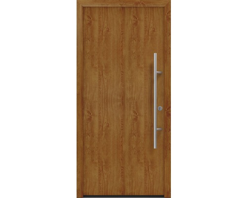 Porte d'entrée EcoStar ISOPRO Secur IPS 010 1100 x 2100 mm droite golden oak avec ensemble de ferrures, poignée barre en acier inoxydable, cylindre profilé de sécurité avec 5 clés Porte d''entrée avec barre de poignée