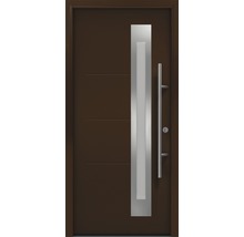 Moderne Haustür mit Edelstahlgriff und horizontalen Linien