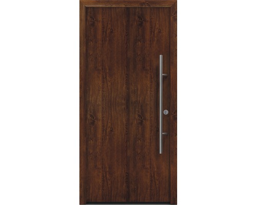Porte d'entrée EcoStar ISOPRO Secur IPS 010 1100 x 2100 mm droite dark oak avec ensemble de ferrures, poignée barre en acier inoxydable, cylindre profilé de sécurité avec 5 clés