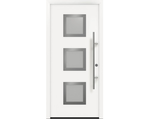 Haustür EcoStar ISOPRO Secur IPS 810S 1100 x 2100 mm Rechts RAL 9016 verkehrsweiß inkl. Beschlag-Set,Edelstahl Stangengriff,Sicherheitsprofilzylinder mit 5 Schlüsseln Weißer Hauseingang mit drei quadratischen Fenstern und einem Griff aus Metall.