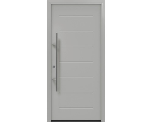 Porte d'entrée EcoStar ISOPRO Secur IPS 015 1100 x 2100 mm gauche RAL 9006 aluminium blanc mat avec ensemble de ferrures, poignée barre en acier inoxydable, cylindre profilé de sécurité avec 5 clés