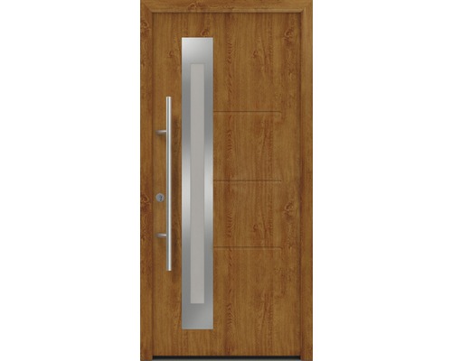 Porte d'entrée EcoStar ISOPRO Secur IPS 780S 1100 x 2100 mm gauche golden oak avec ensemble de ferrures, poignée barre en acier inoxydable, cylindre profilé de sécurité avec 5 clés