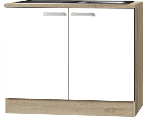 Meuble sous-évier avec évier Optifit Zamora214 100 x 60 x 84,8 cm façade blanc mat corps chêne clair