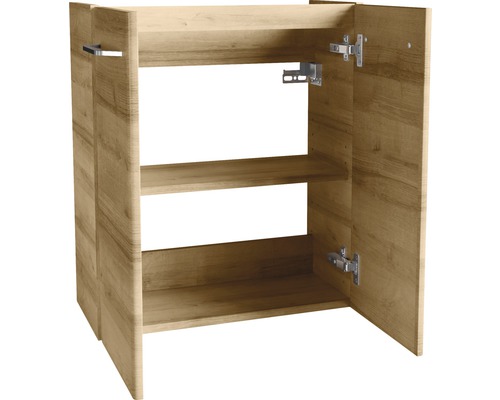 Waschbeckenunterschrank aus Holz mit zwei Regalböden und offenen Türen