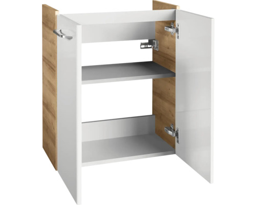 Meuble bas avec deux portes ouvertes et deux étagères