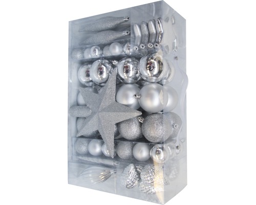 Set de décorations de sapin de Noël avec étoile, boules et pommes de pin dans une boîte transparente