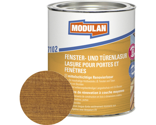 Lasure pour fenêtres et portes Modulan noyer 750 ml Lasure pour portes et fenêtres Modulan en pot avec échantillon de couleur