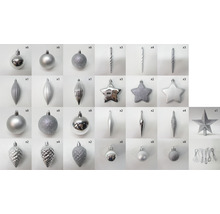 Boules de Noël argentées et ensemble de décorations pour sapin