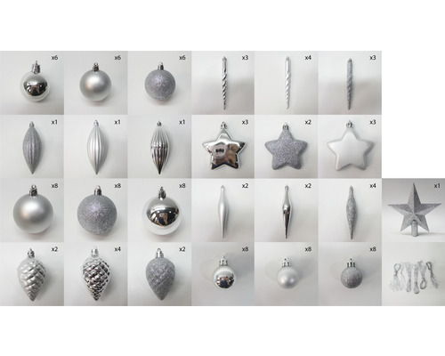 Boules de Noël argentées et ensemble de décorations pour sapin