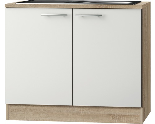 Meuble sous-évier avec évier Optifit Dakar286 100 x 60 x 84,8 cm façade blanc brillant corps chêne clair