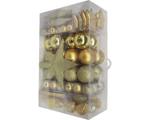 Set de décorations pour sapin de Noël avec boules de Noël et étoiles dans un emballage transparent