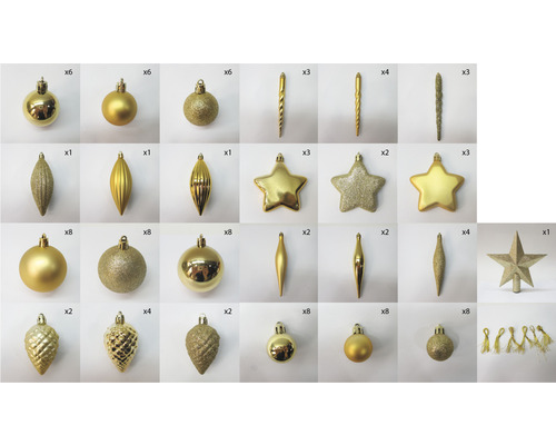 Diverses boules de Noël et décorations d''arbre de couleur or, de différentes formes et finitions.
