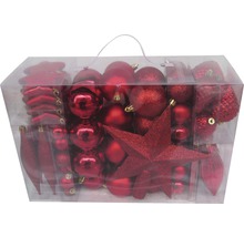 Set mit Christbaumschmuck in verschiedenen Formen und Ausführungen in transparenter Verpackung