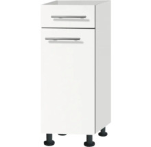 Weißer Küchenunterschrank mit zwei Schubladen und Griffen.