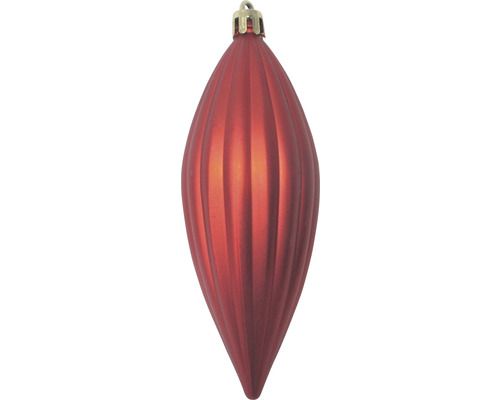 Rote, gerillte Christbaumkugel in Tropfenform