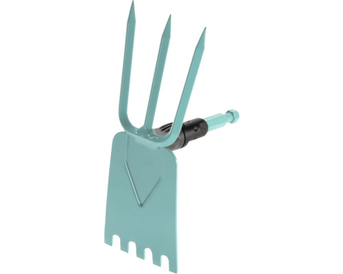 Outil de jardin avec trois dents et râteau plat