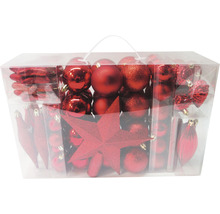 Weihnachtsbaumschmuck-Set mit Christbaumkugeln, Sternen und Zapfen im transparenten Kunststoffkoffer