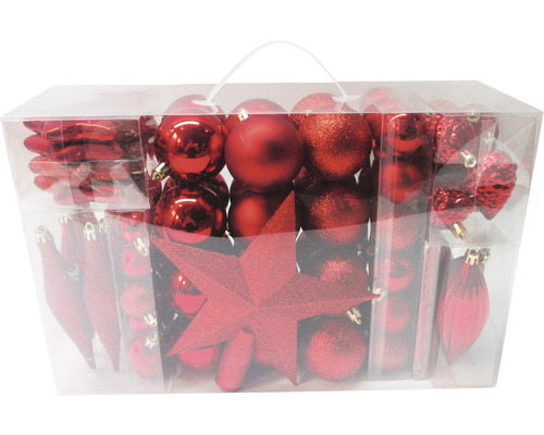 Weihnachtsbaumschmuck-Set mit Christbaumkugeln, Sternen und Zapfen im transparenten Kunststoffkoffer