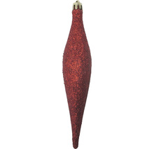 Roter, glitzernder Christbaumschmuck in Tropfenform mit goldfarbener Aufhängung