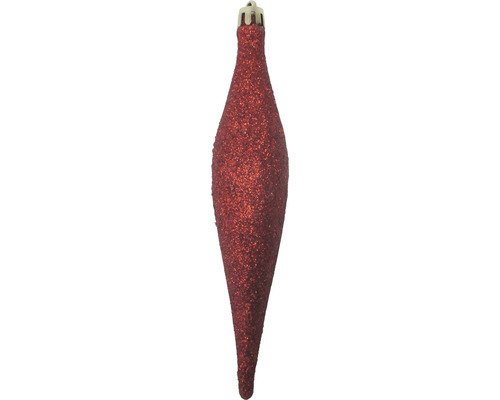 Roter, glitzernder Christbaumschmuck in Tropfenform mit goldfarbener Aufhängung
