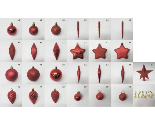 Sortiment Weihnachtsschmuck mit Christbaumkugeln, Eiszapfen, Sterne und Aufhängern