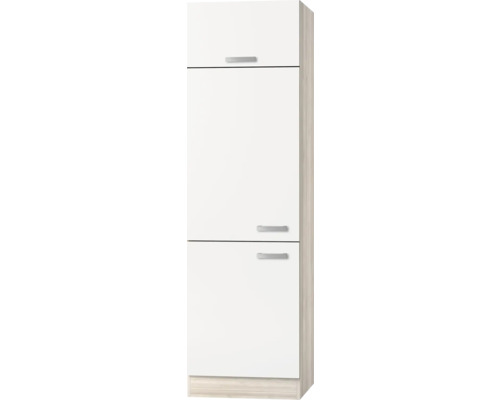 Meuble pour réfrigérateur encastrable 88 Optifit Genf214 60 x 57,1 x 206,8 cm façade blanc mat corps acacia butée réversible-0