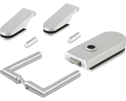 Set de ferrures pour verre comprenant un boîtier de serrure, une garniture de béquille et deux pinces à verre