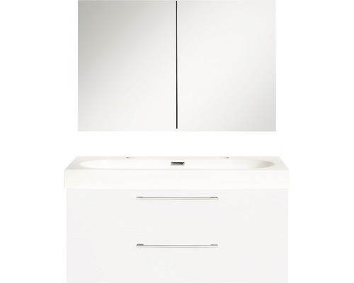 Badmöbel-Set Differnz Somero BxHxT 100 x 170 x 38 cm Frontfarbe weiß hochglanz mit Waschtisch Mineralguss weiß