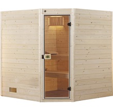 Massivholzsauna Weka Valida Eck GT inkl. 7,5 kW Ofen u.digitaler Steuerung ohne Fenster mit Ganzglastüre aus Klarglas