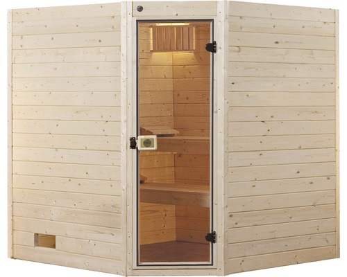 Sauna finlandaise en bois avec porte en verre et bancs