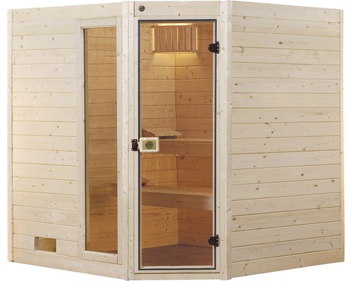 Holzsauna mit Glastür und Bänken