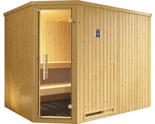 Sauna en bois avec porte en verre et panneau de commande numérique
