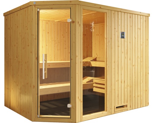 Holzsauna mit Glastür und Bänken
