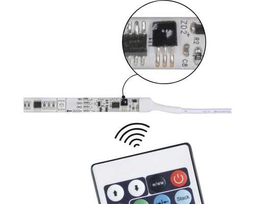 LED-Streifen mit elektronischen Bauteilen und zugehöriger Fernbedienung