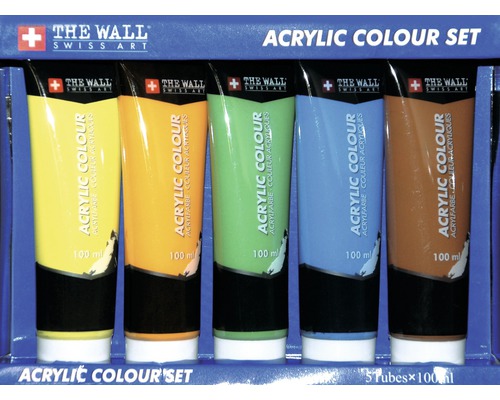 Ensemble de 5 tubes de peinture acrylique, bleu, orange, vert, jaune, marron, 100 ml