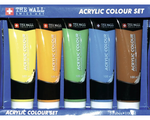 Ensemble de 5 tubes de peinture acrylique, bleu, orange, vert, jaune, marron, 100 ml