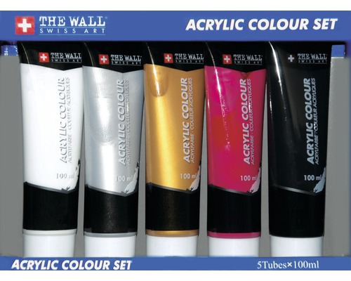 Ensemble de 5 tubes de peinture acrylique, blanc, rouge, or, argent, noir, 100 ml-0
