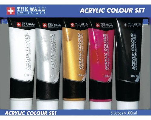 Ensemble de 5 tubes de peinture acrylique, blanc, rouge, or, argent, noir, 100 ml